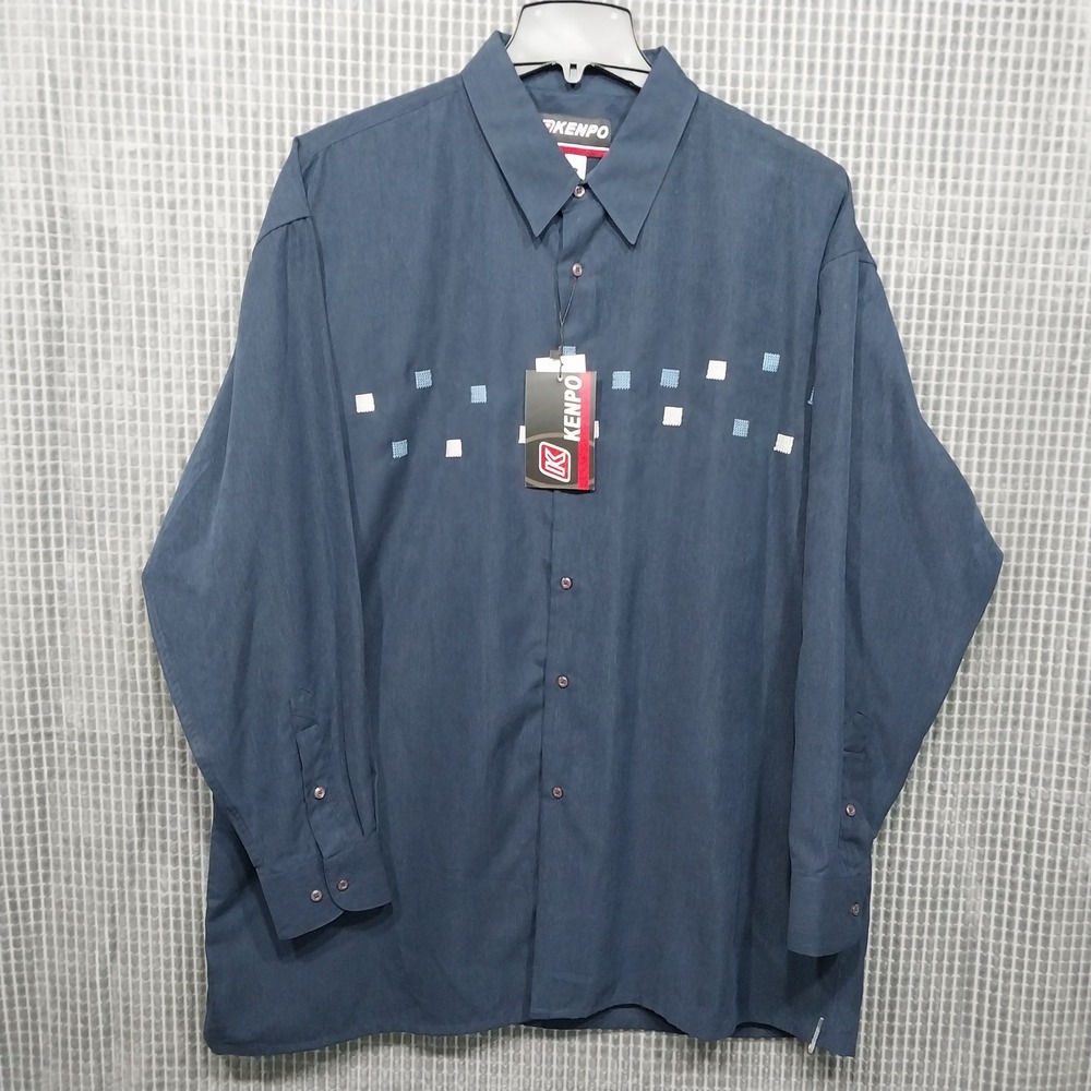 Kenpo Mens Button Down Shirt Embroidered Square Pattern XL Blue